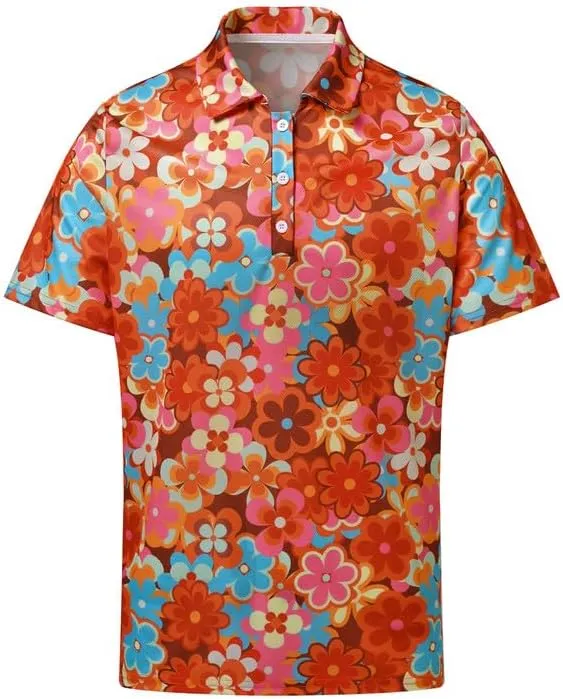 70s Outfits for Men Golf Polo Shirts Short Sleeve Disco Retro Paisley Button Vintage Dry Fit Funny Clothes