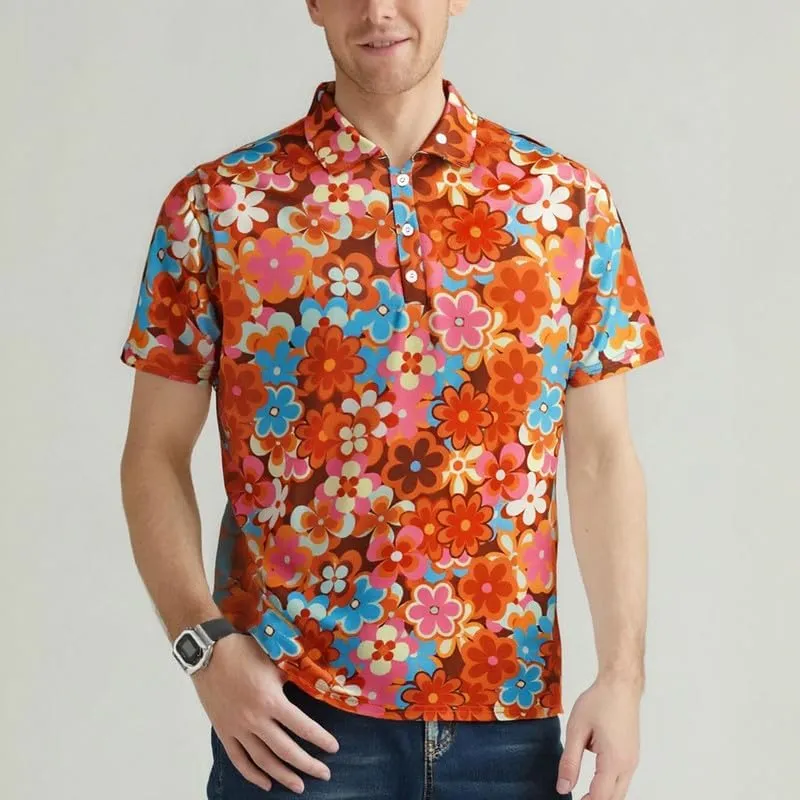 70s Outfits for Men Golf Polo Shirts Short Sleeve Disco Retro Paisley Button Vintage Dry Fit Funny Clothes