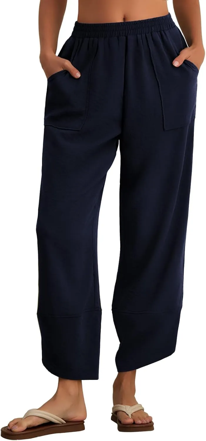 Feiersi Womens Baggy Wide Leg Pants Elastic Waisted Casual Palazzo Harem Pants Summer Beach Trousers