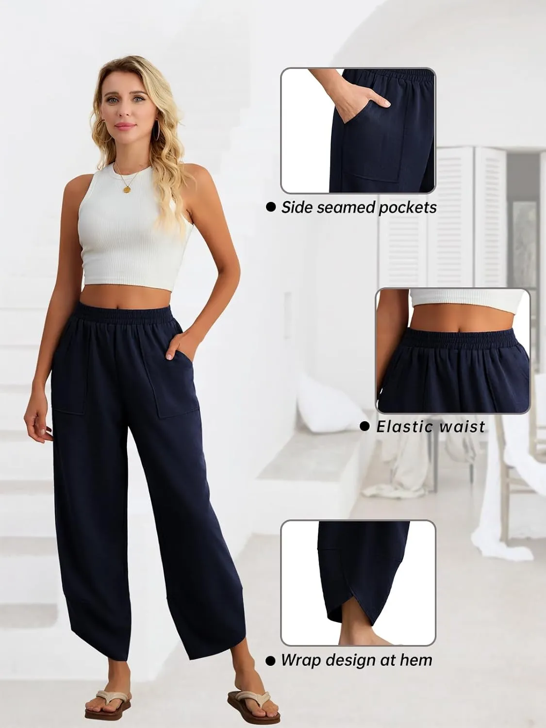 Feiersi Womens Baggy Wide Leg Pants Elastic Waisted Casual Palazzo Harem Pants Summer Beach Trousers