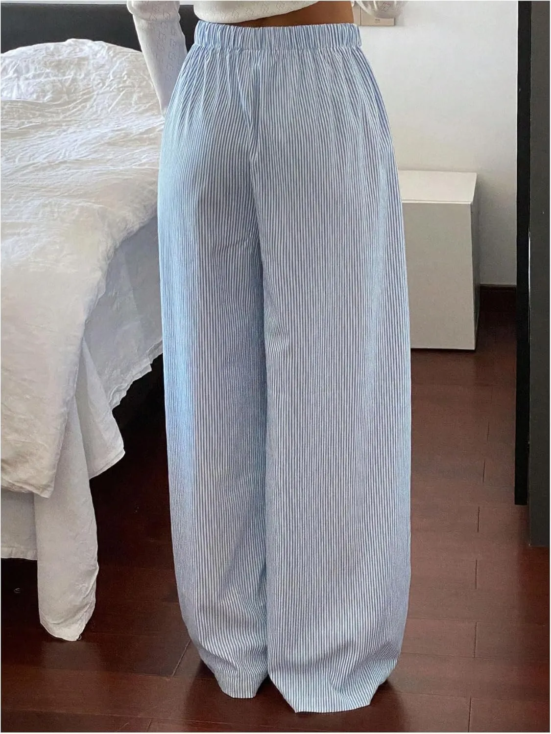 OYOANGLE Women's Striped Pants Elastic Drawstring Waist Straight Leg Trousers Long Lounge Pants