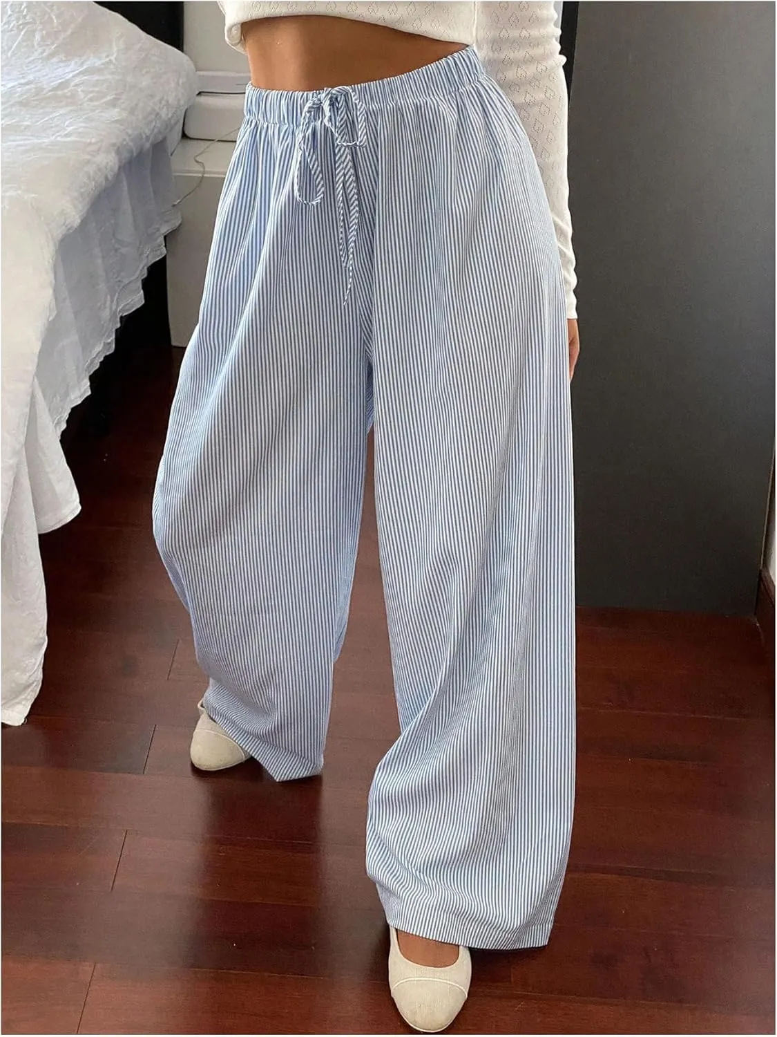 OYOANGLE Women's Striped Pants Elastic Drawstring Waist Straight Leg Trousers Long Lounge Pants