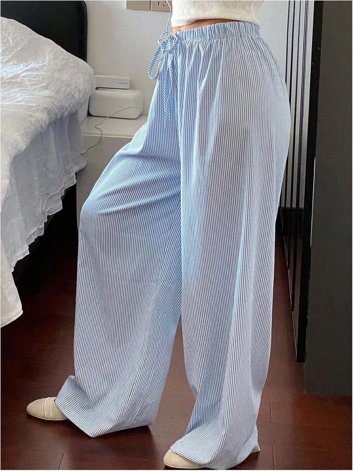 OYOANGLE Women's Striped Pants Elastic Drawstring Waist Straight Leg Trousers Long Lounge Pants