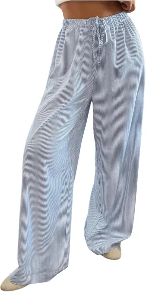OYOANGLE Women's Striped Pants Elastic Drawstring Waist Straight Leg Trousers Long Lounge Pants