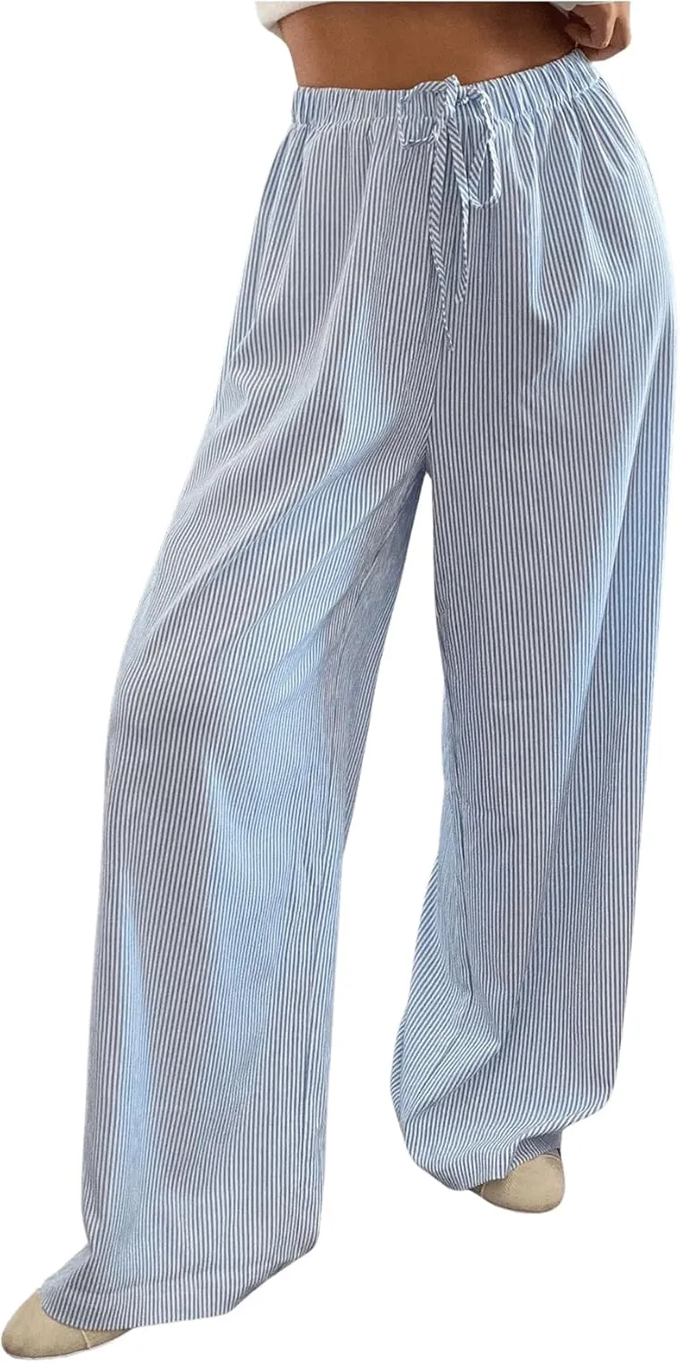 OYOANGLE Women's Striped Pants Elastic Drawstring Waist Straight Leg Trousers Long Lounge Pants
