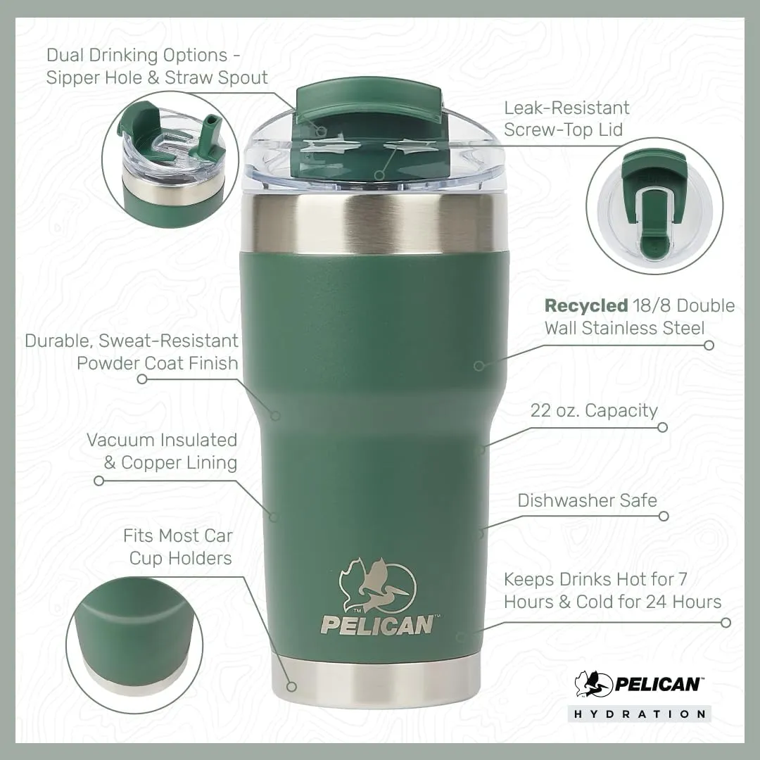 Pelican Hydration Pelican Traveler 22 oz Vacuum Insulated Tumbler - Stainless Steel Double Wall Travel with Dual Lid, Powder Coated Insulated Coffee Mug For Hot Cold Drinks, Grit