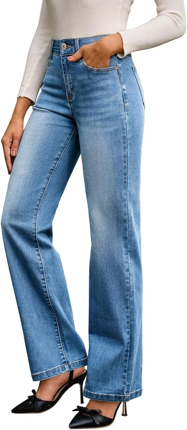 Sidefeel Women's Wide Leg Jeans High Waisted Tummy Control Stretchy Straight Leg Elastic Waist Trendy Denim Pants