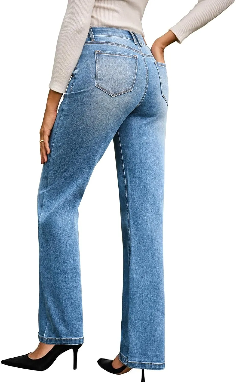 Sidefeel Women's Wide Leg Jeans High Waisted Tummy Control Stretchy Straight Leg Elastic Waist Trendy Denim Pants