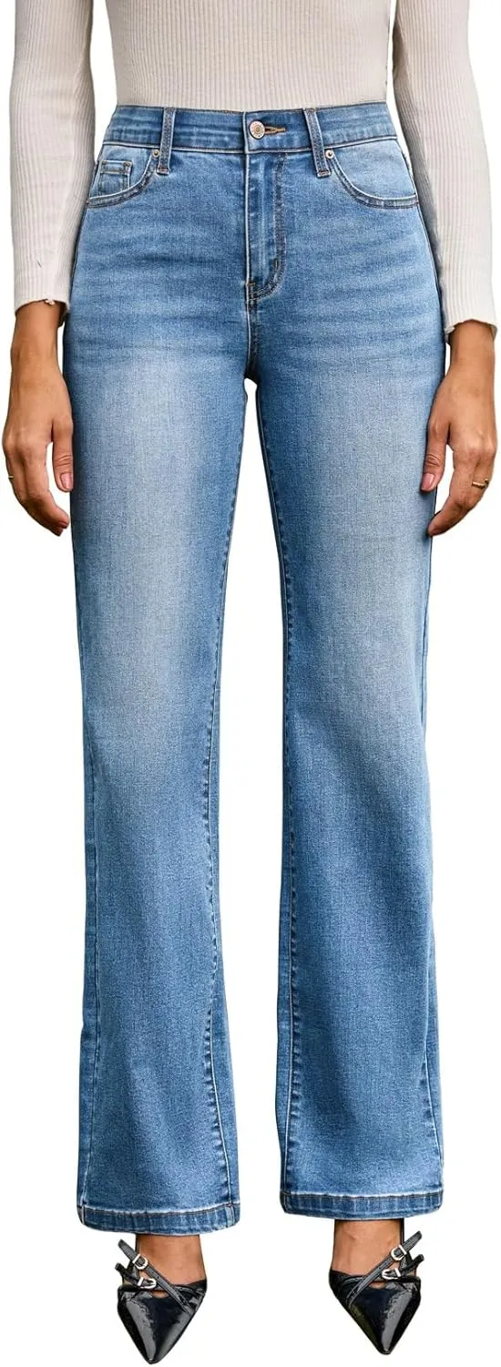 Sidefeel Women's Wide Leg Jeans High Waisted Tummy Control Stretchy Straight Leg Elastic Waist Trendy Denim Pants