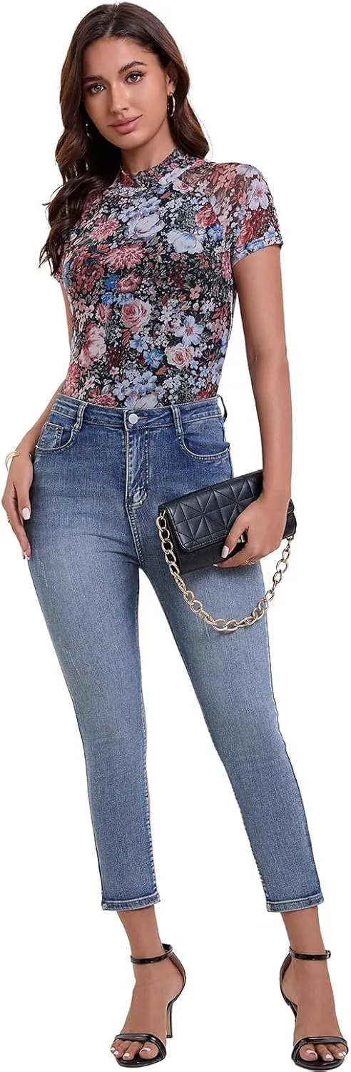 SKYZOO Floral Mesh Short Sleeve Lace Tops Double Line Western Cute Going Out Summer Shirts 2025
