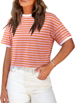 SOFIA'S CHOICE Women's Striped Crop Top Loose Fit Summer Casual Short Sleeve T Shirt