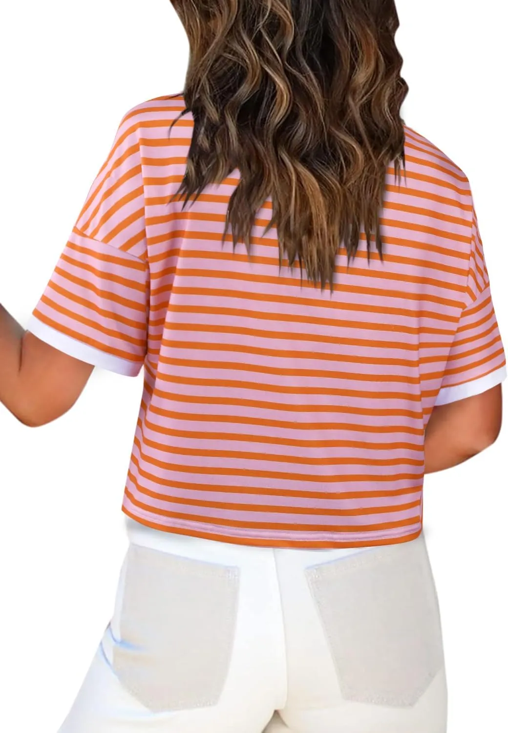 SOFIA'S CHOICE Women's Striped Crop Top Loose Fit Summer Casual Short Sleeve T Shirt