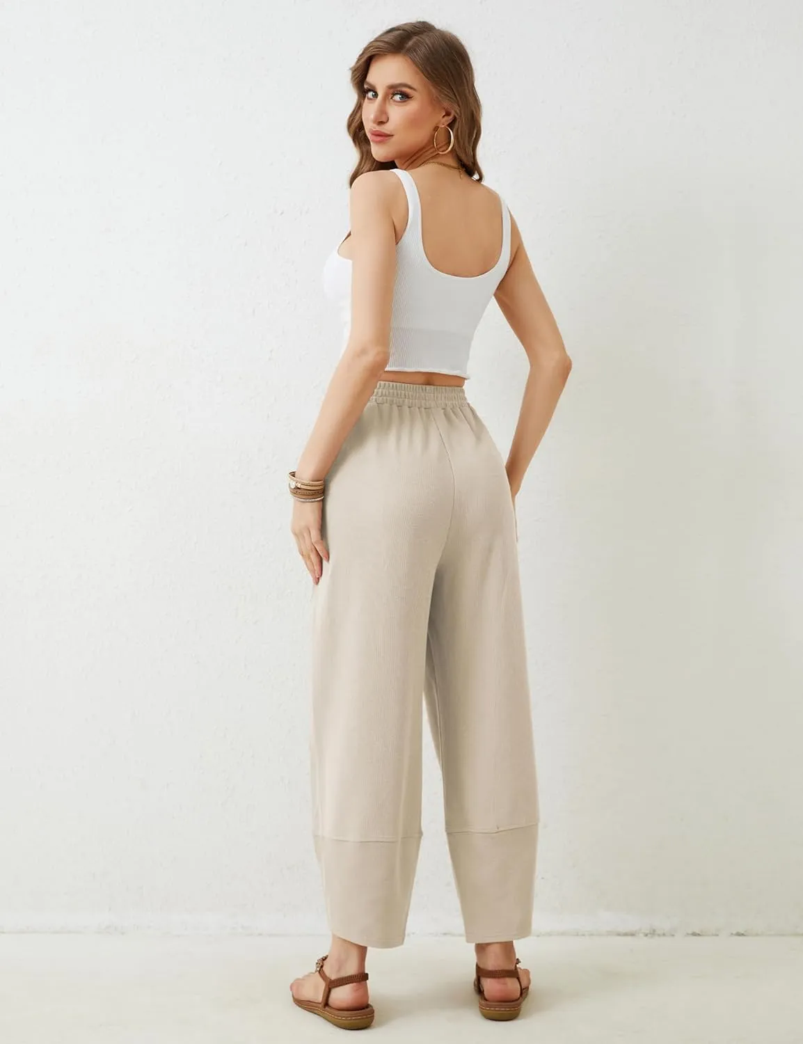Springrain Womens Baggy Wide Leg Pants Cotton Elastic Waisted Loose Palazzo Harem Pants with Pockets