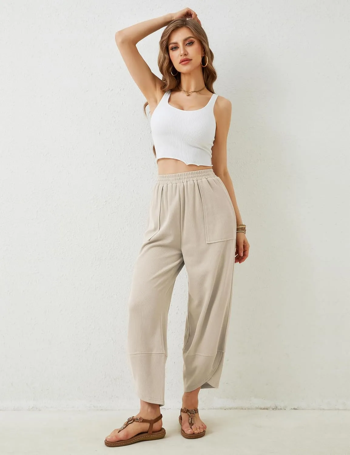 Springrain Womens Baggy Wide Leg Pants Cotton Elastic Waisted Loose Palazzo Harem Pants with Pockets