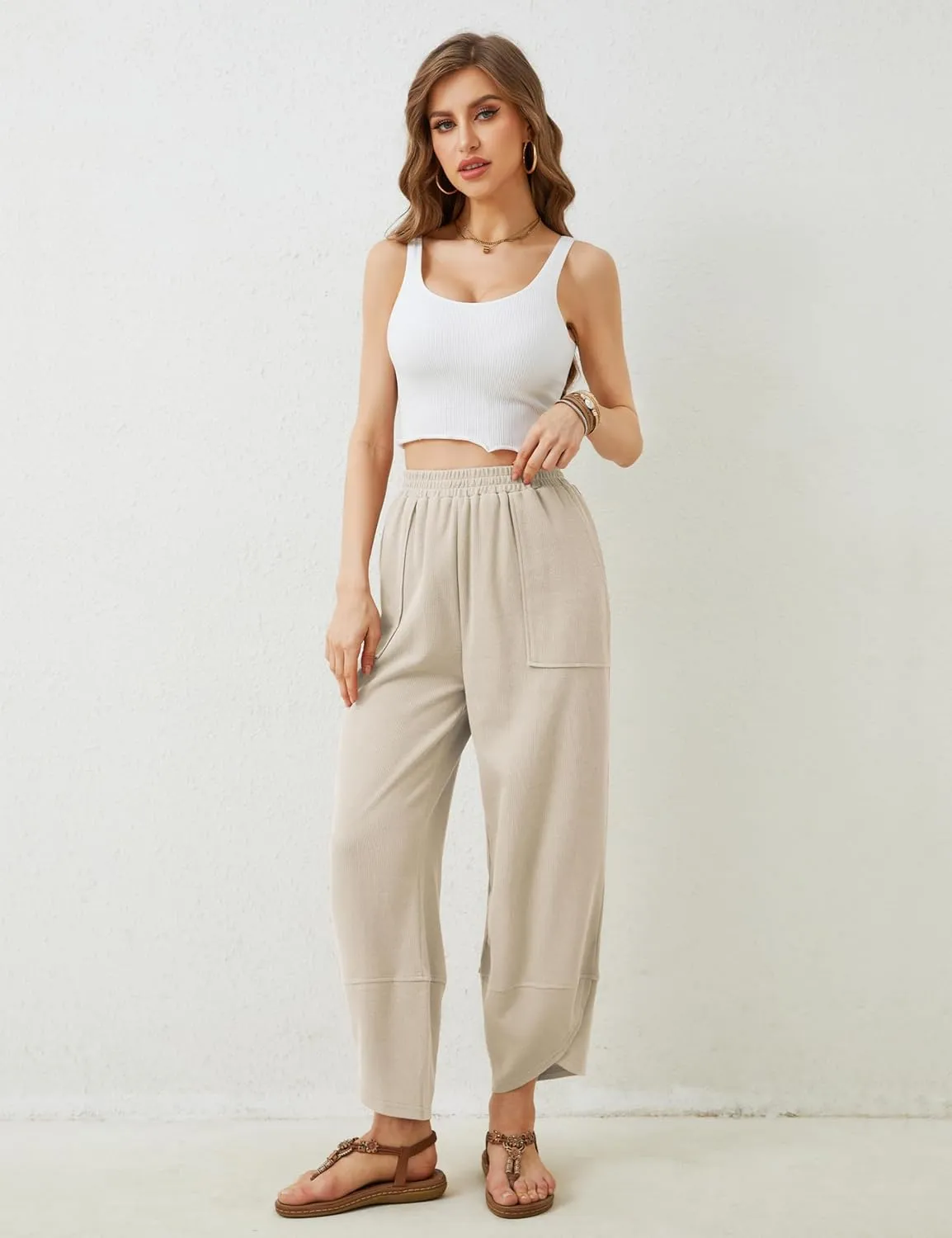 Springrain Womens Baggy Wide Leg Pants Cotton Elastic Waisted Loose Palazzo Harem Pants with Pockets