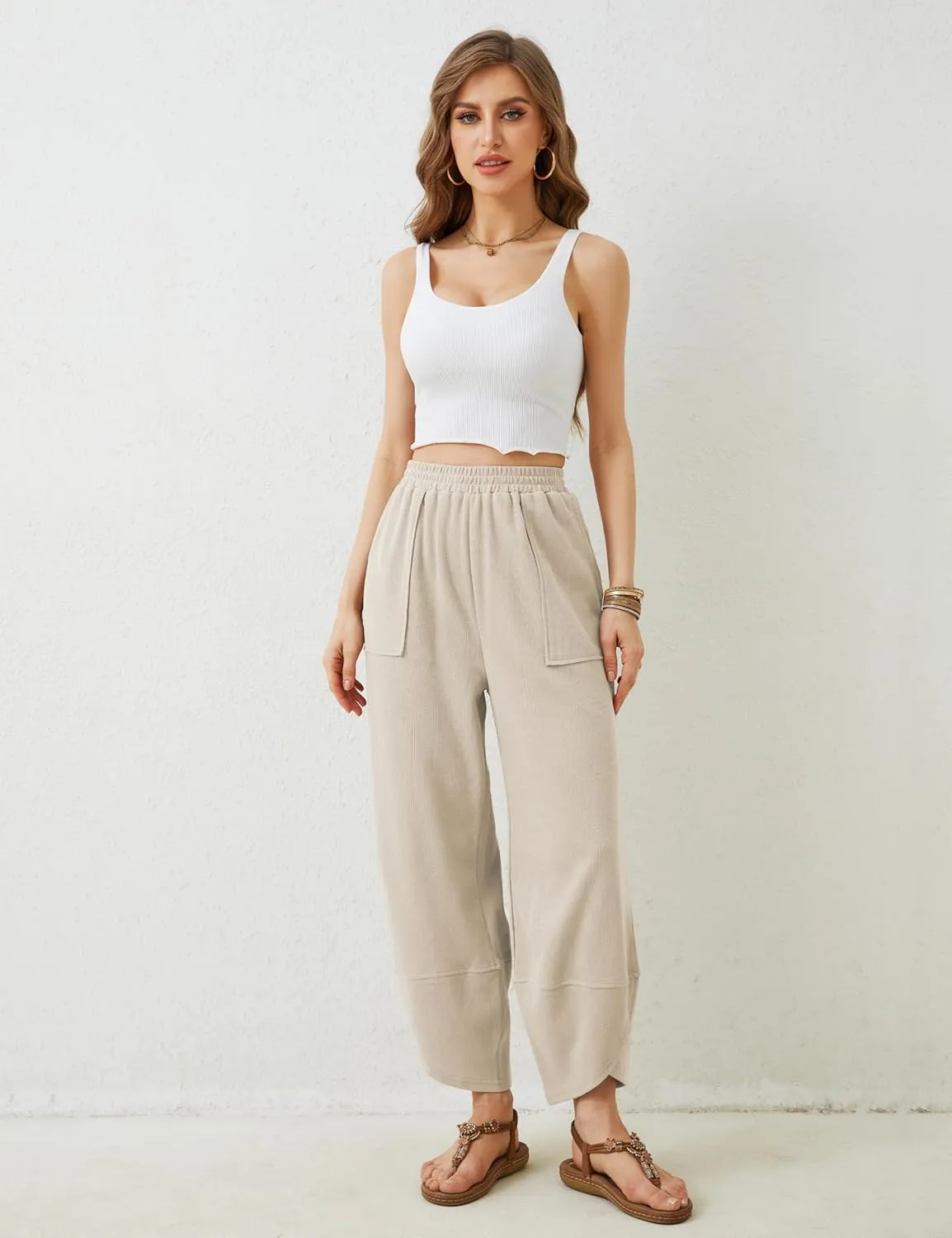 Springrain Womens Baggy Wide Leg Pants Cotton Elastic Waisted Loose Palazzo Harem Pants with Pockets