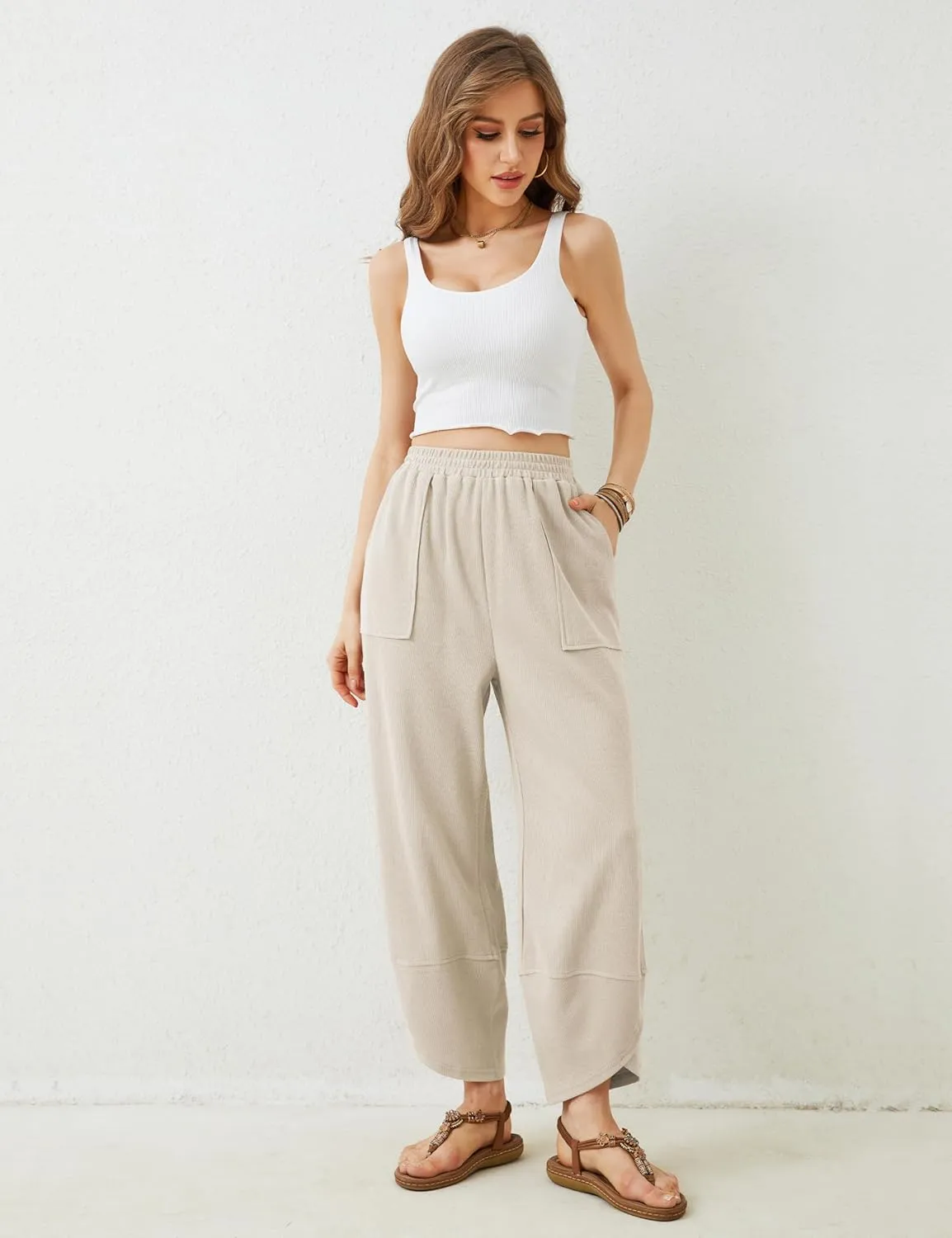 Springrain Womens Baggy Wide Leg Pants Cotton Elastic Waisted Loose Palazzo Harem Pants with Pockets