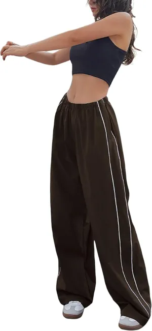 Springrain Womens Wide Leg Track Pants Slouchy Stripe Detail Jogger Sweatpants with Pockets