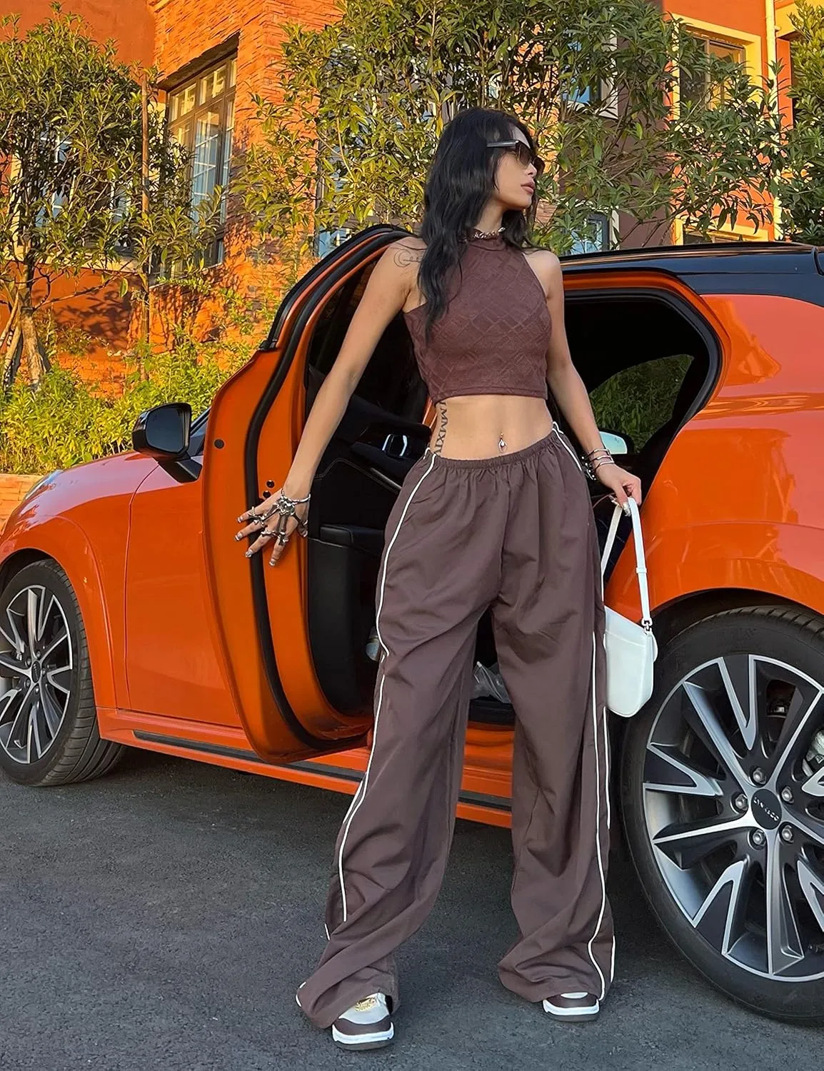 Springrain Womens Wide Leg Track Pants Slouchy Stripe Detail Jogger Sweatpants with Pockets