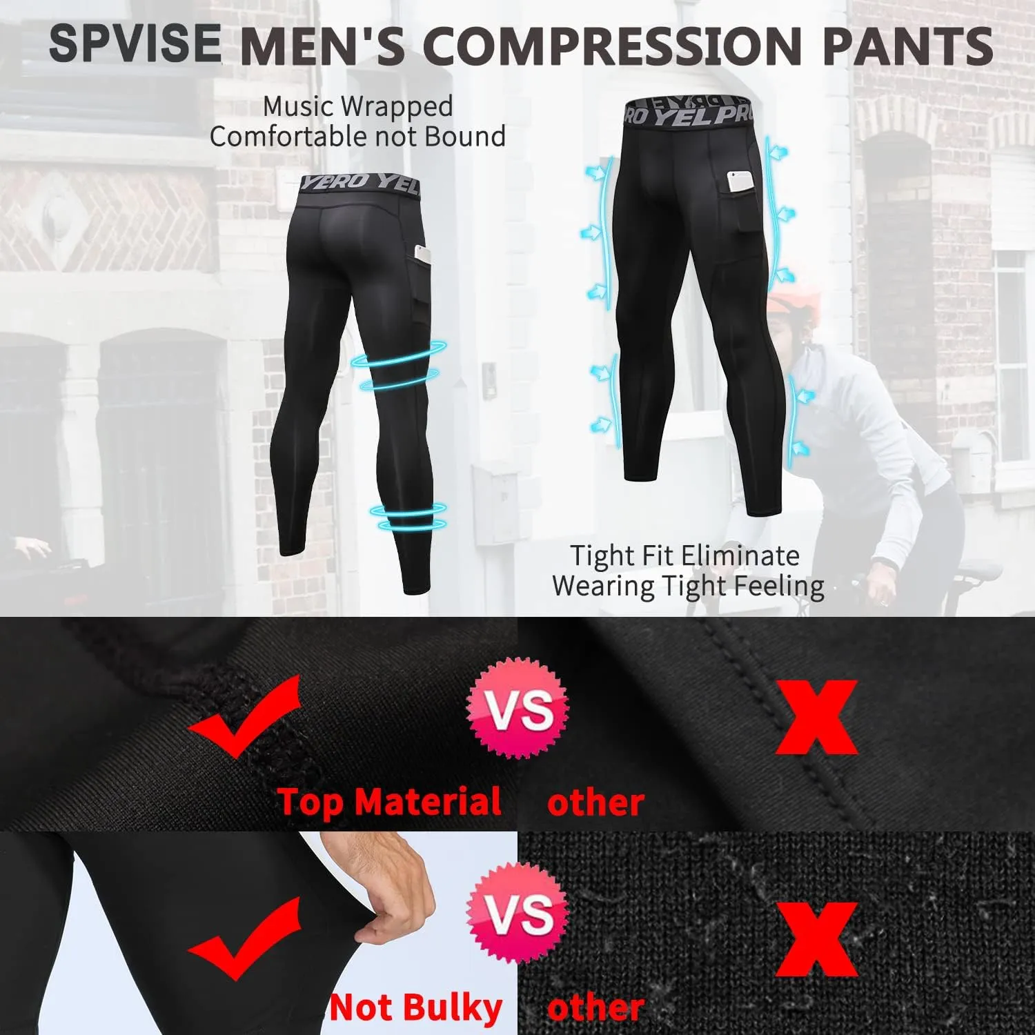 SPVISE 2 or 3 Pack Men's Compression Pants Leggings Running Tights with Pocket Cool Dry Workout Base Layer Athletic Gym Pants