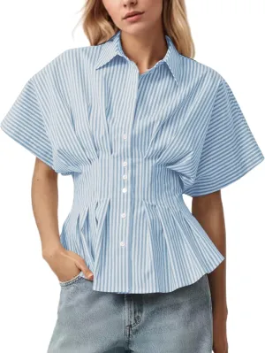 Women Striped Button Down Pleated Shirts 2025 Summer Short Sleeve Dressy Peplum Tops Casual Business Blouse