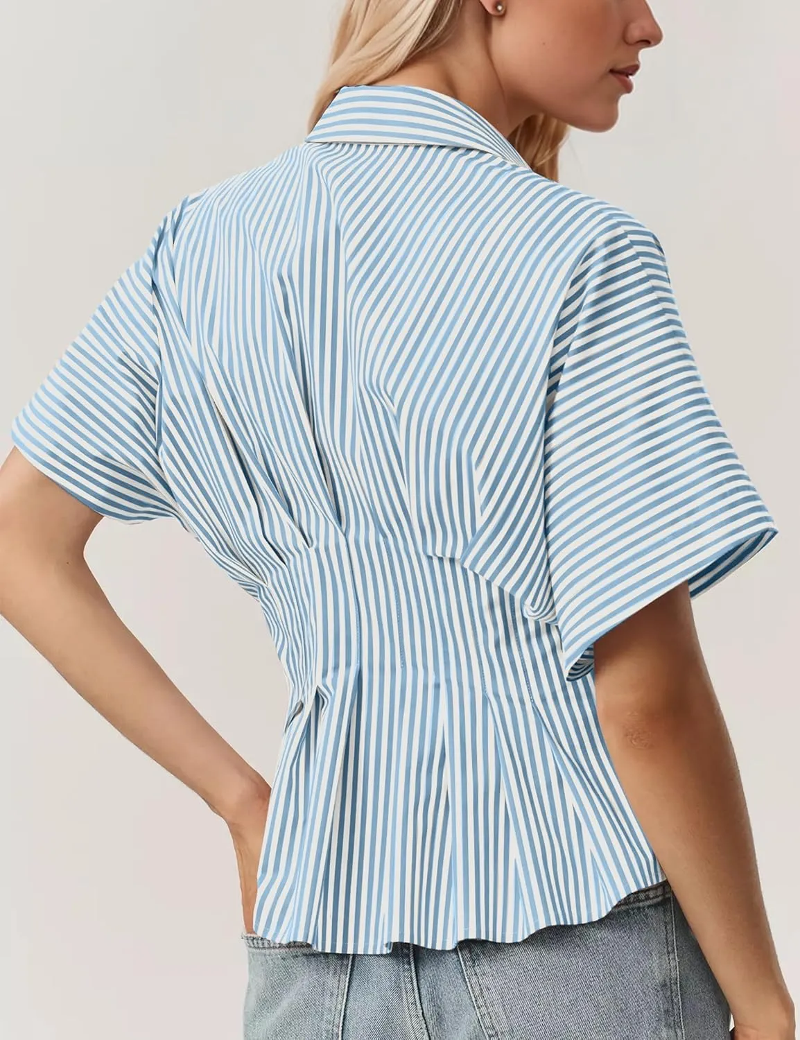Women Striped Button Down Pleated Shirts 2025 Summer Short Sleeve Dressy Peplum Tops Casual Business Blouse