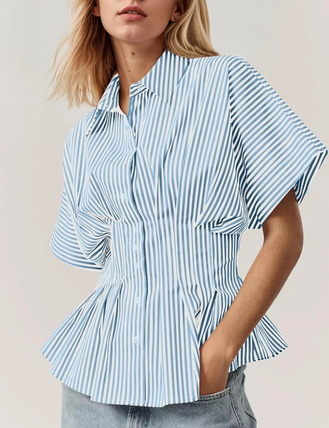 Women Striped Button Down Pleated Shirts 2025 Summer Short Sleeve Dressy Peplum Tops Casual Business Blouse