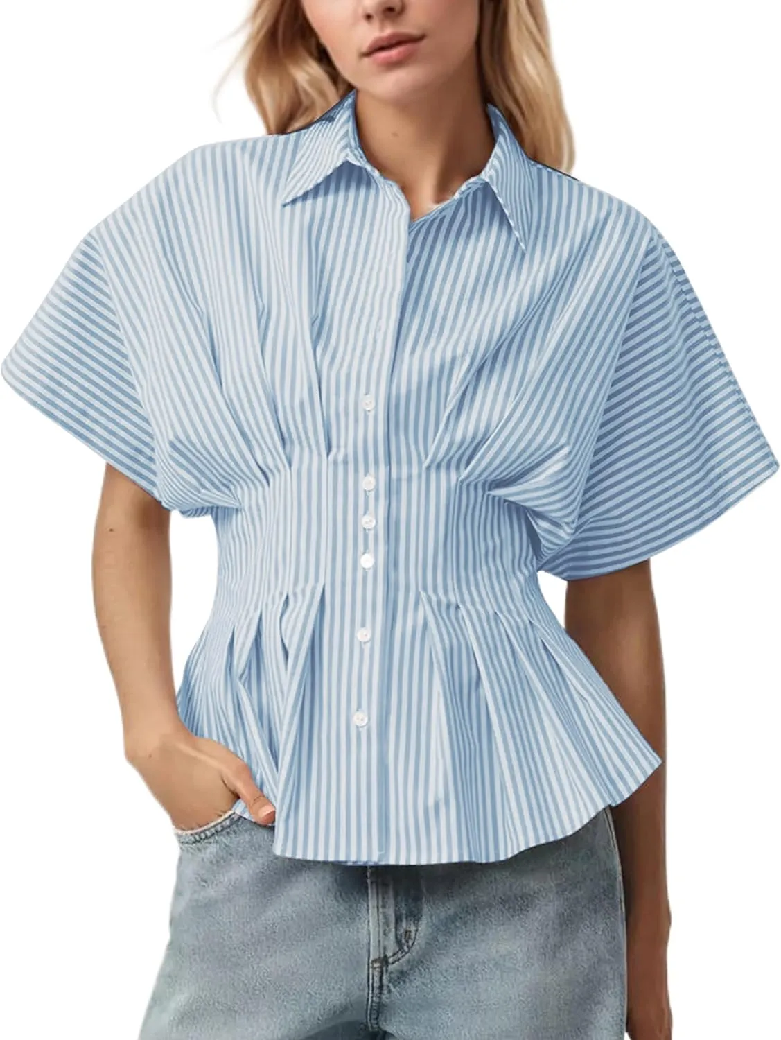 Women Striped Button Down Pleated Shirts 2025 Summer Short Sleeve Dressy Peplum Tops Casual Business Blouse