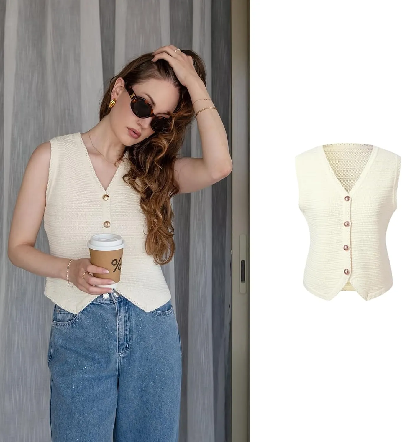 Women's Sleeveless V Neck Knit Sweater Vest Cardigan Button Front Going Out Tops for Women