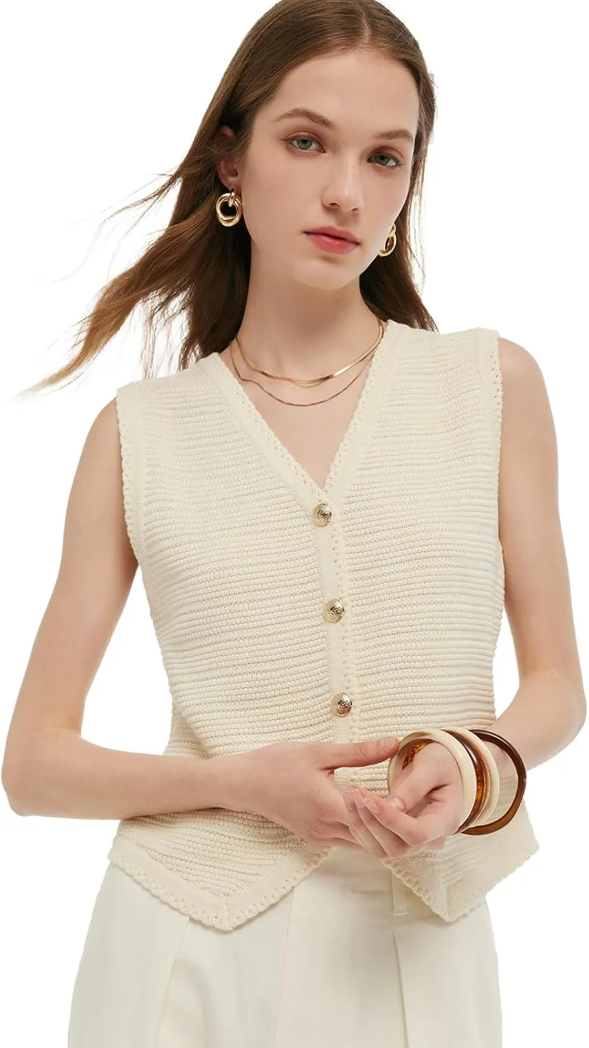Women's Sleeveless V Neck Knit Sweater Vest Cardigan Button Front Going Out Tops for Women