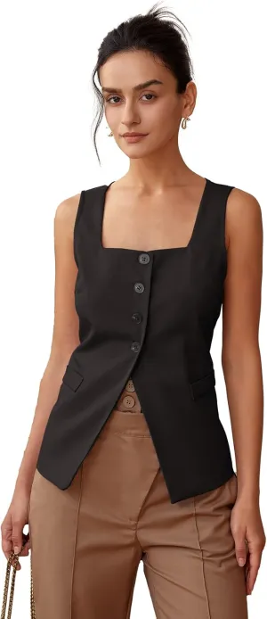Women's Solid Color Square Neck Single Breasted Tank Top for Summer