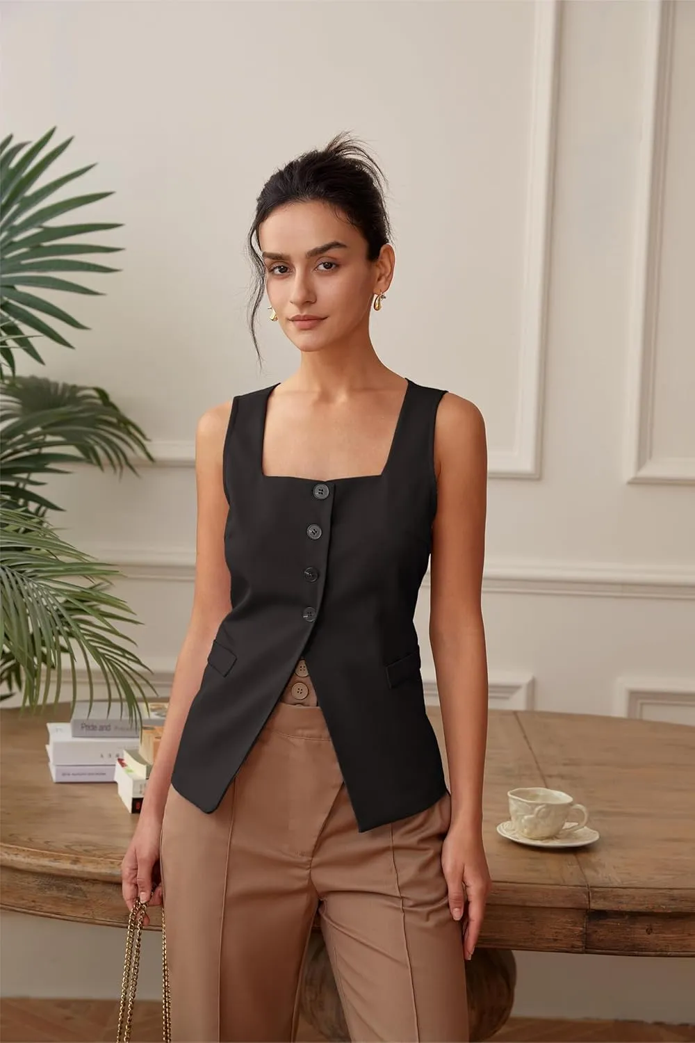 Women's Solid Color Square Neck Single Breasted Tank Top for Summer