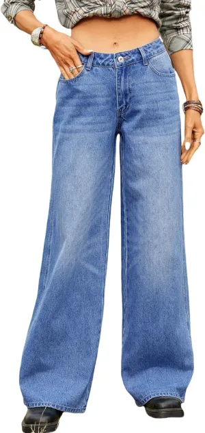 Women's Wide Leg Low Waisted Baggy Jeans Casual Loose Y2K Boyfriend Straight Denim Pants